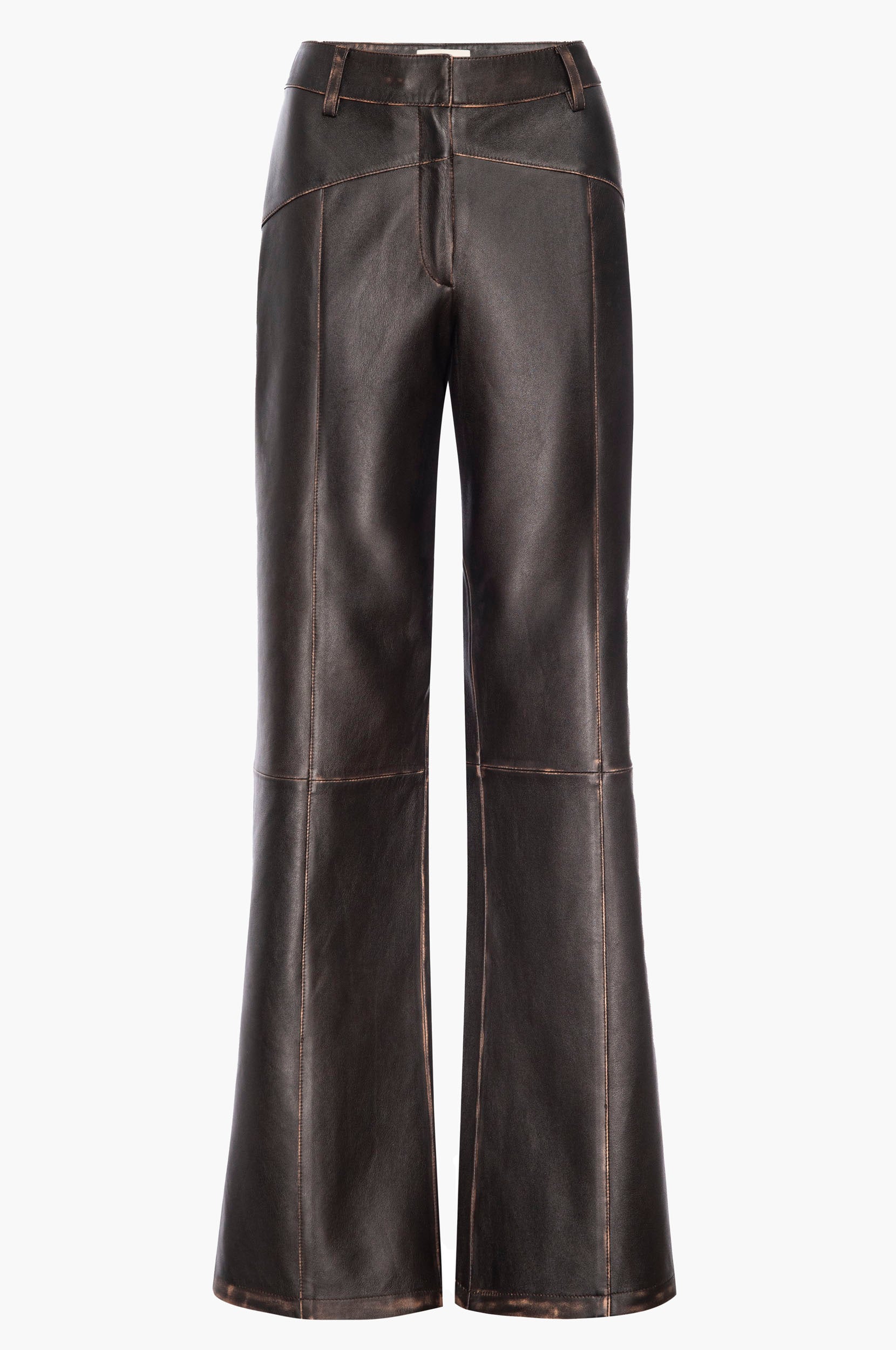 Dark brown leather pants on a white background
