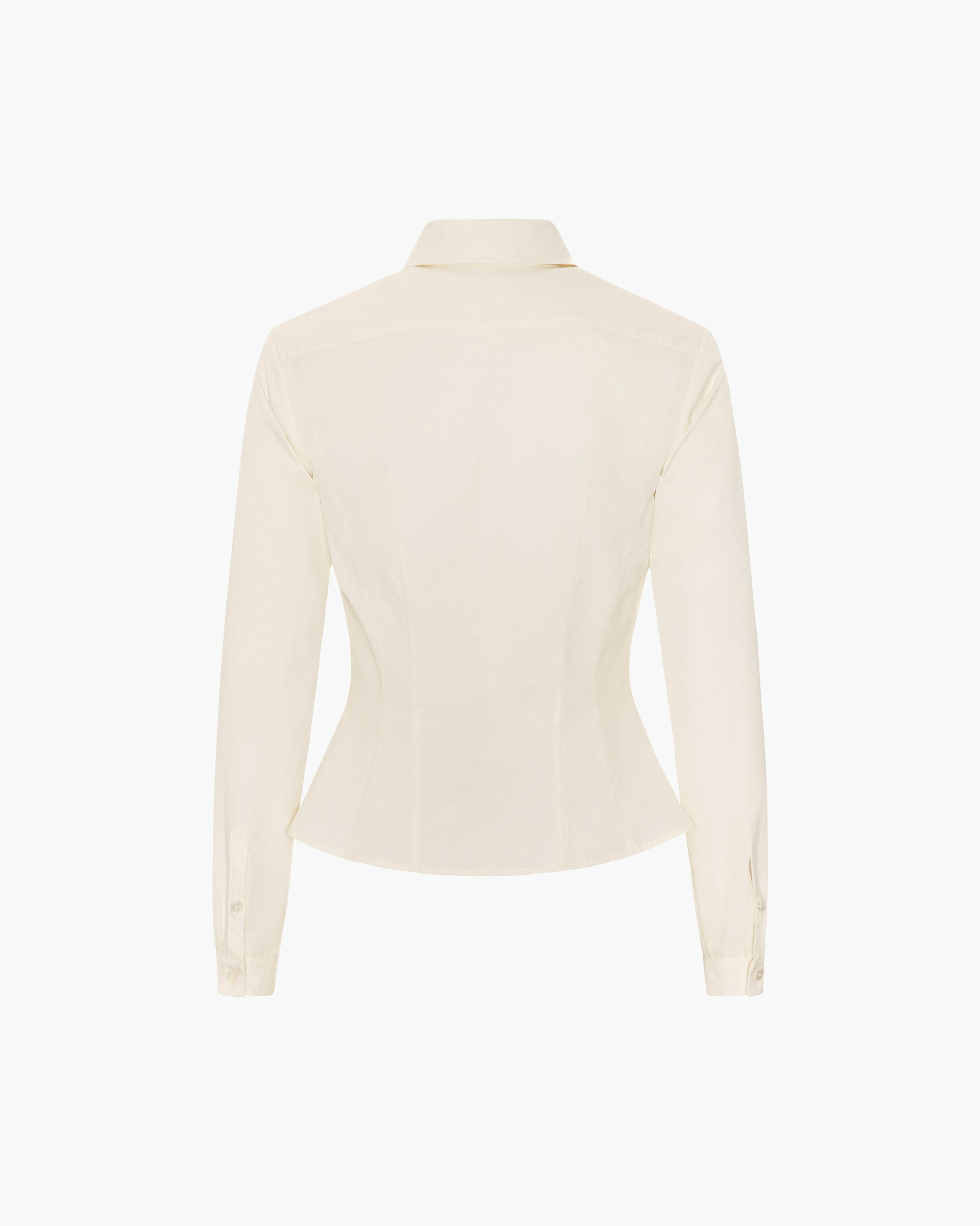A cream-colored long-sleeve blouse shown from the back, featuring a structured collar and a slightly flared waist, displayed on a clean white background.