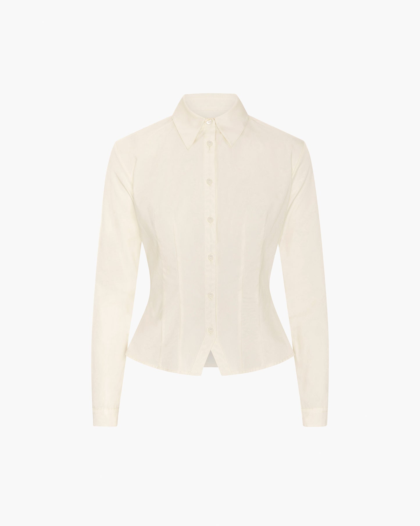 An off-white long-sleeve button-up shirt with a structured collar and a slightly fitted silhouette, displayed on a clean white background.