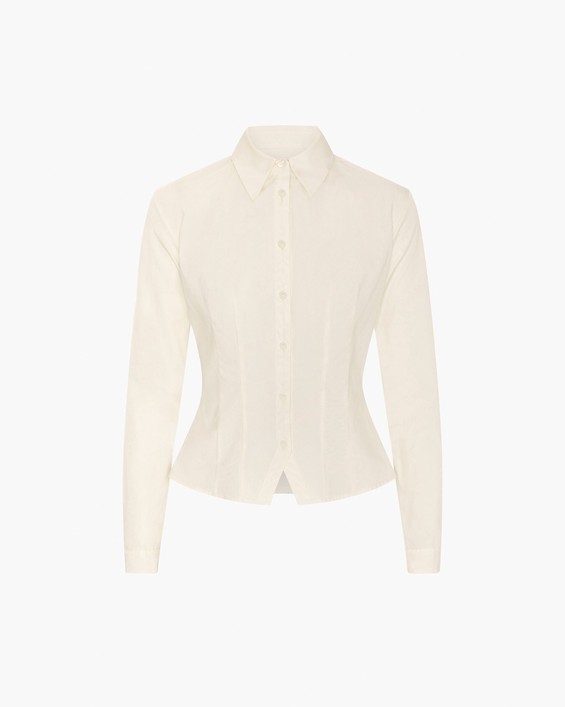 An off-white long-sleeve button-up shirt with a structured collar and a slightly fitted silhouette, displayed on a clean white background.