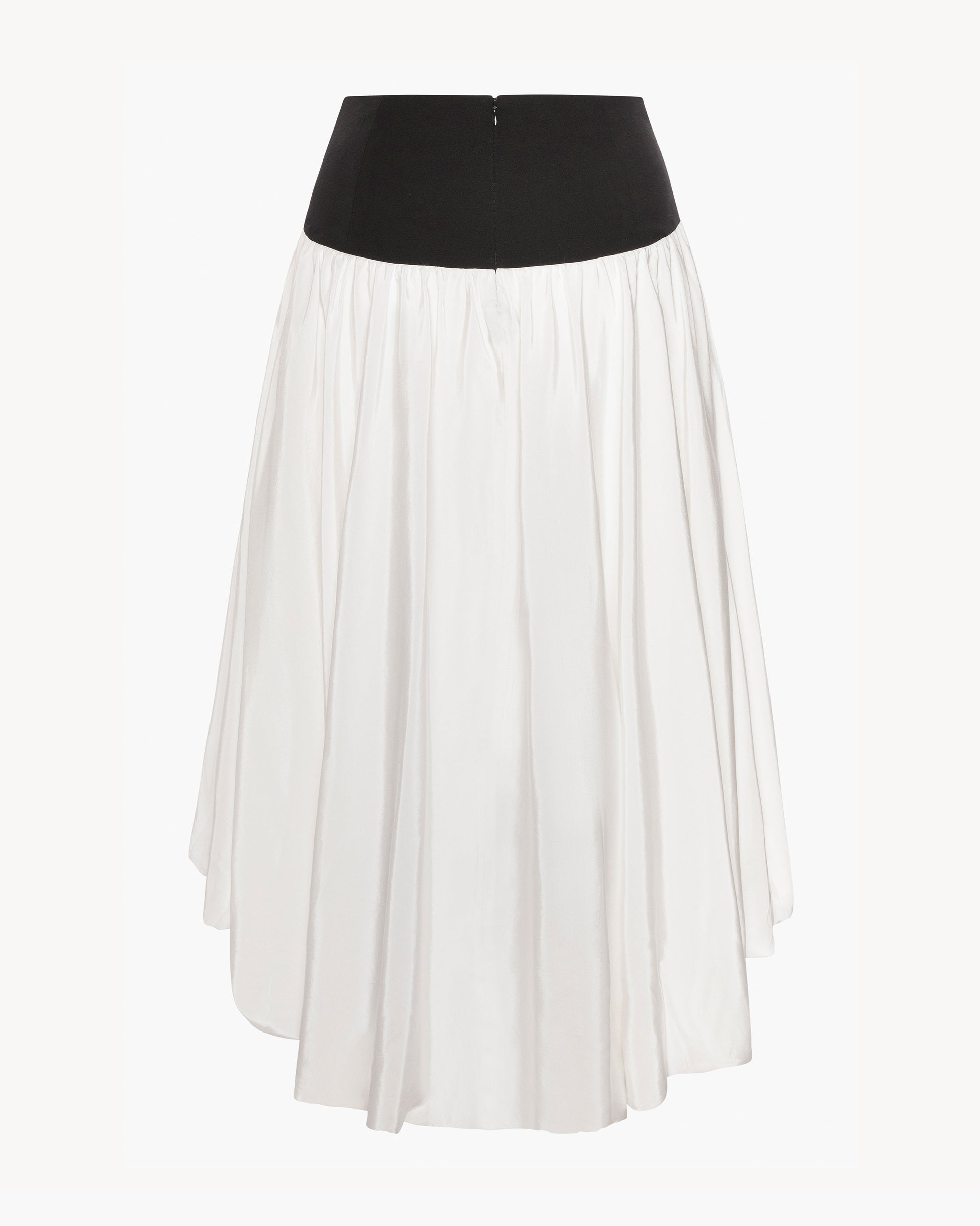 Back of a black and white bubble-hem skirt on a white background
