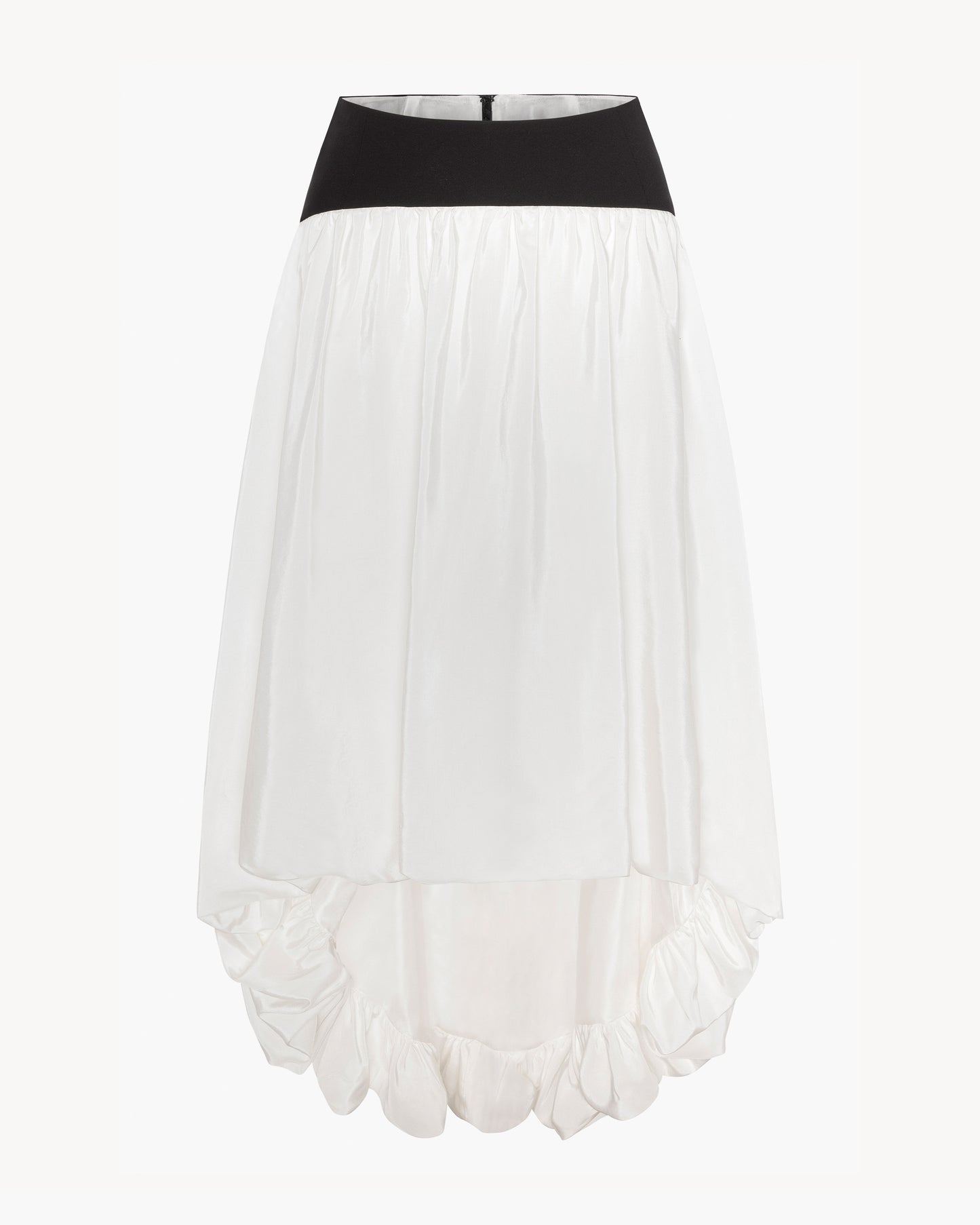 Front of of a black and white bubble-hem skirt on a white background 