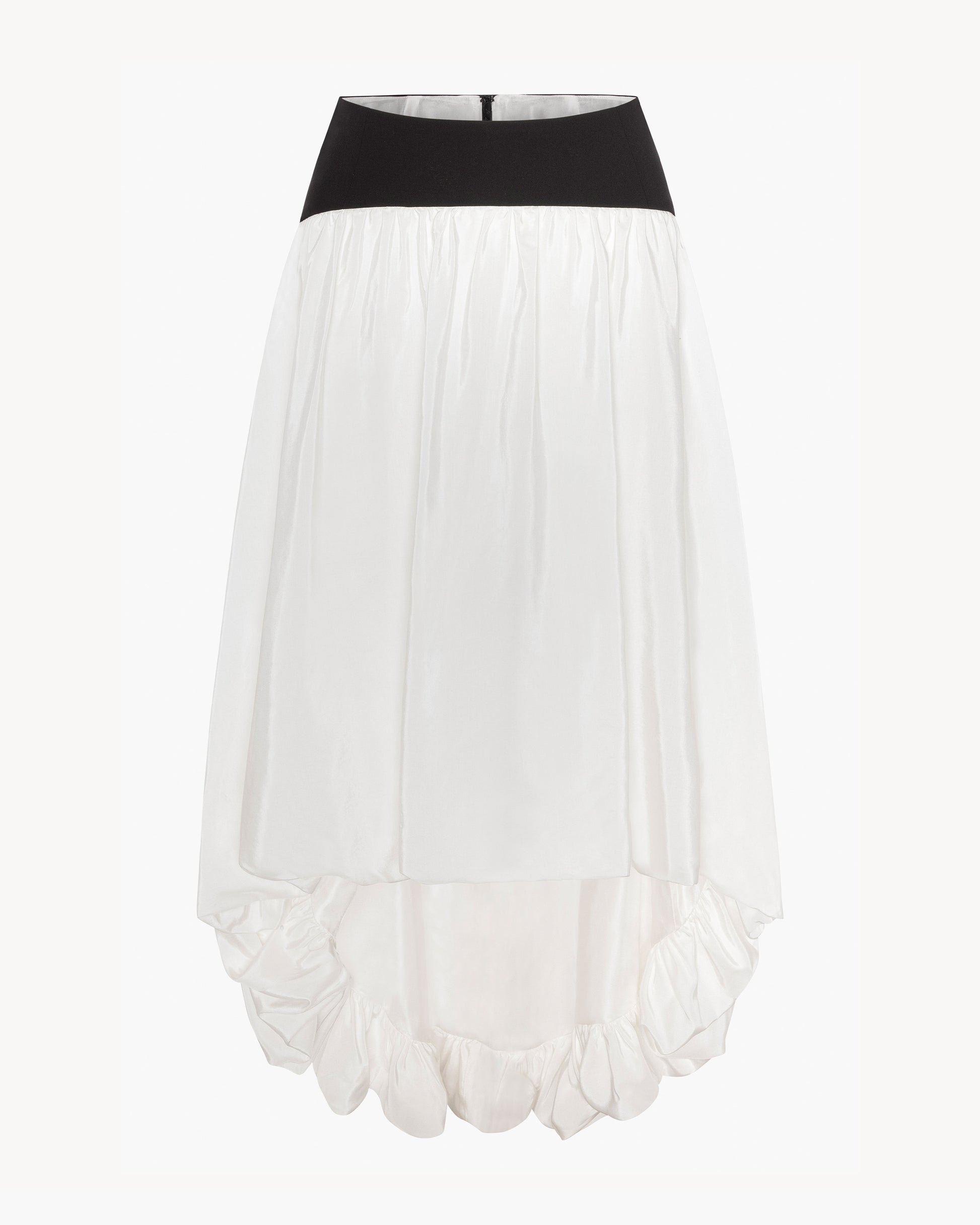 Front of of a black and white bubble-hem skirt on a white background 