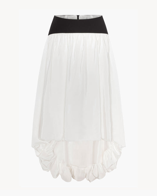 Front of of a black and white bubble-hem skirt on a white background 