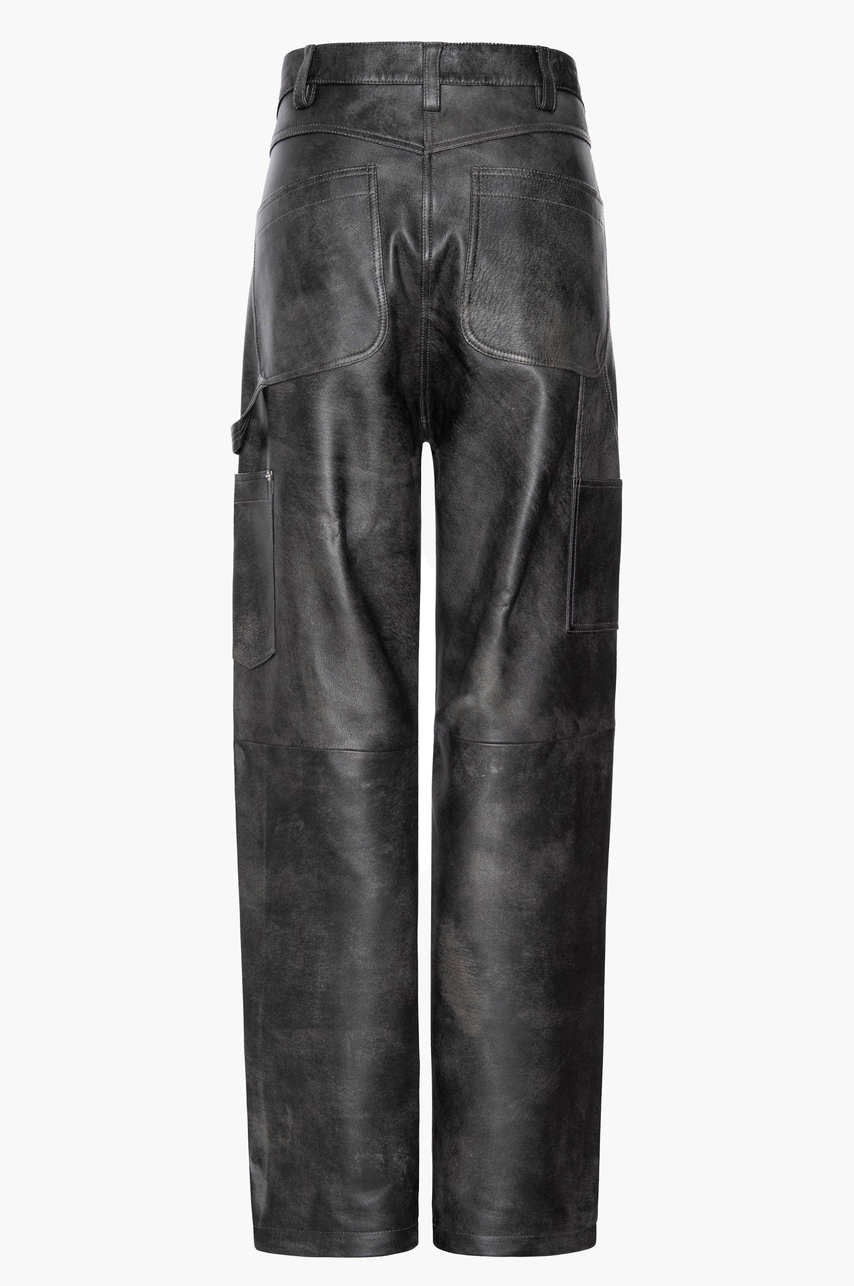 Black leather carpenter pants on a white background