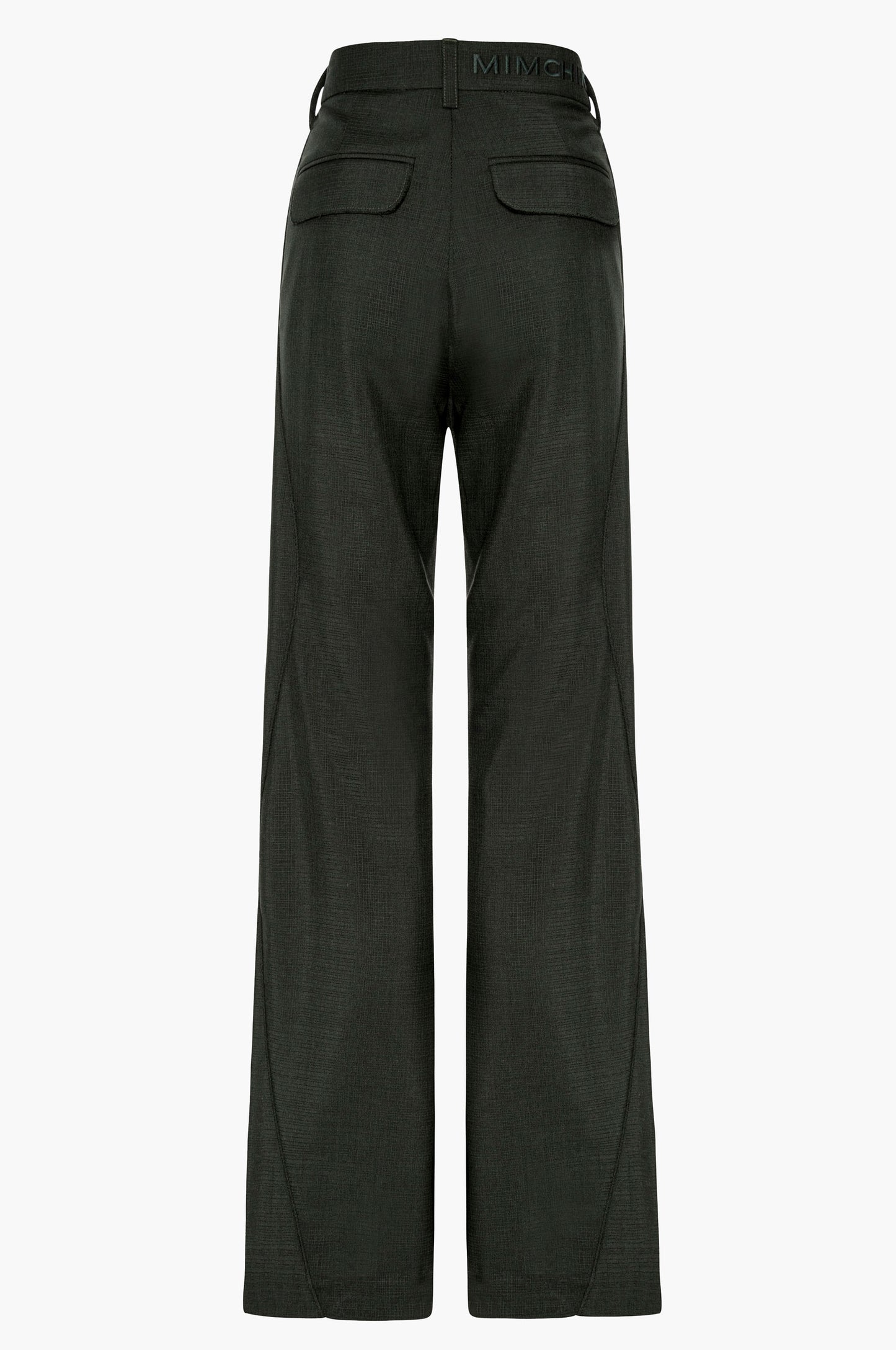 Dark green mohair pants on a white background