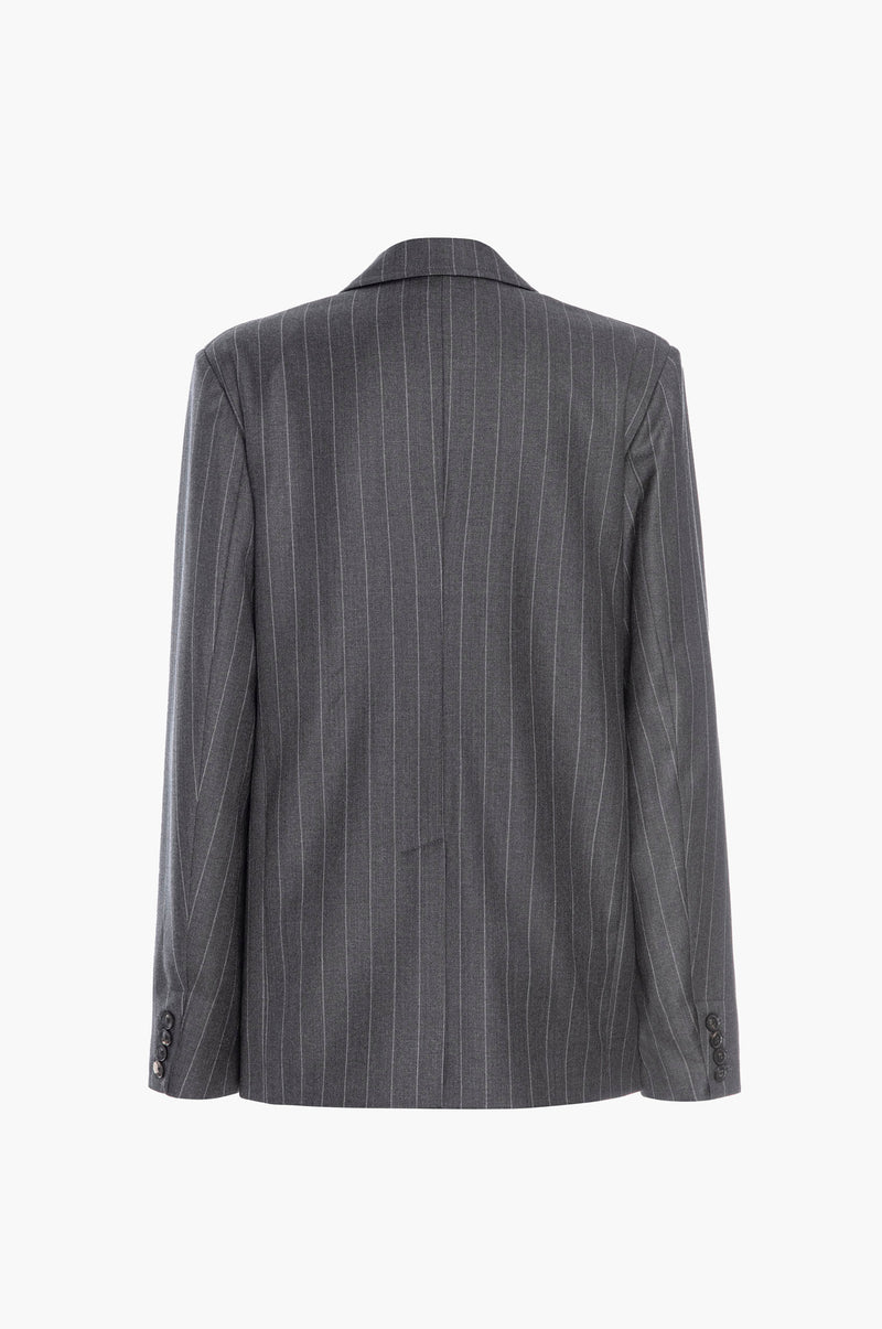 Back of a gray pinstripe suit jacket on a white background