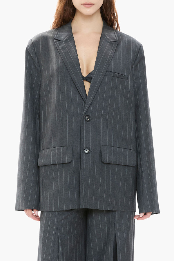 Person wearing a gray pinstripe suit with a white background