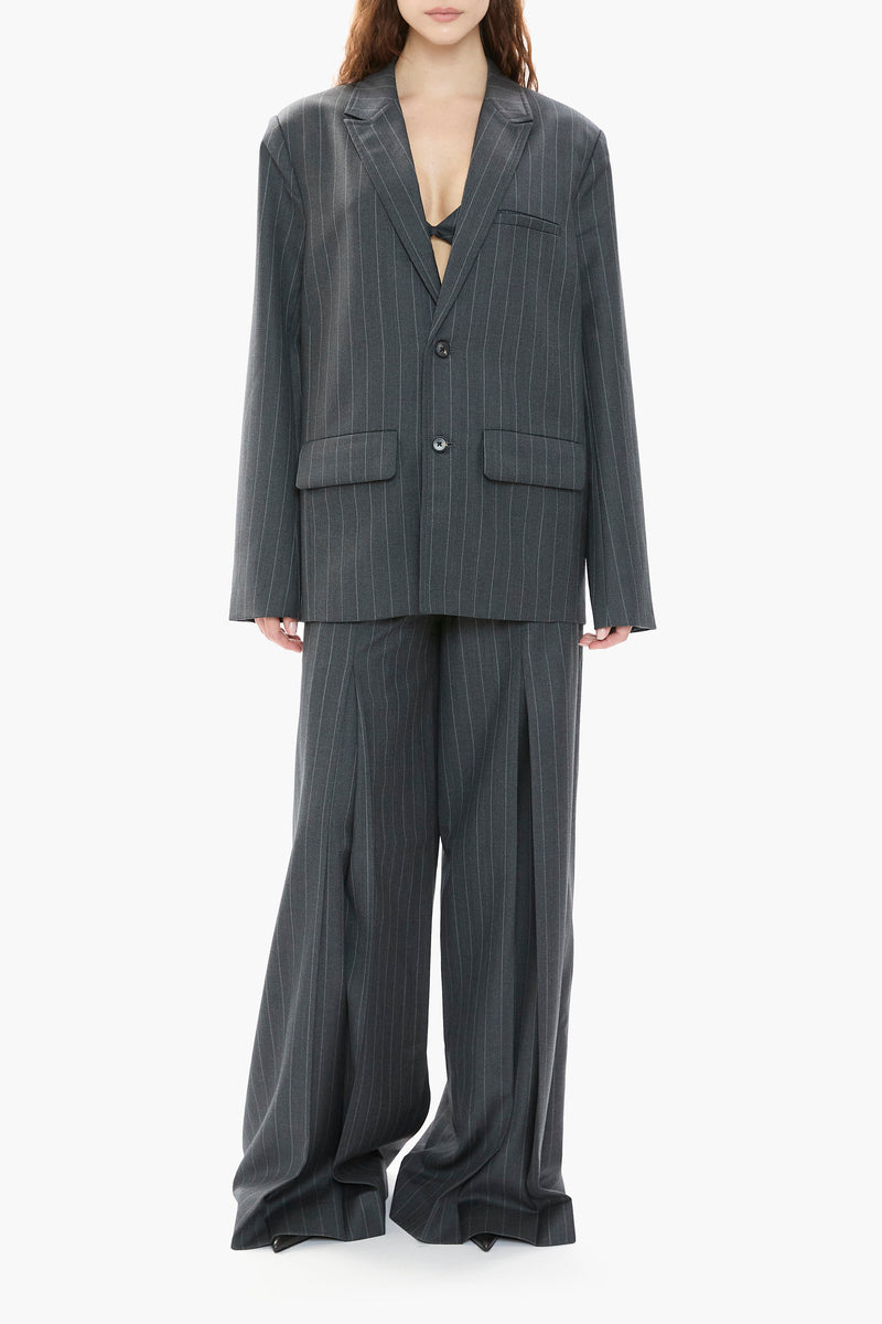 Person wearing a gray pinstripe suit on a white background