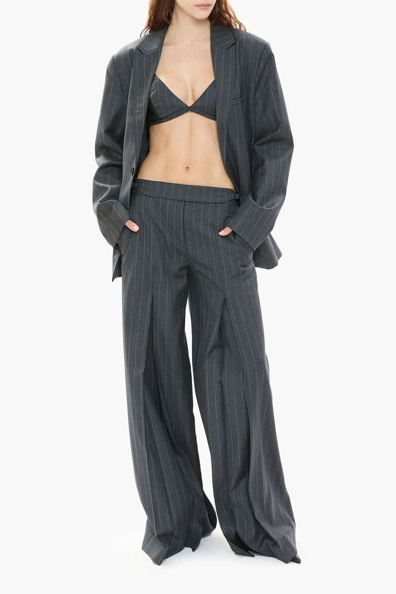 Person wearing a gray pinstripe suit with a bra and high-waisted pants on a white background