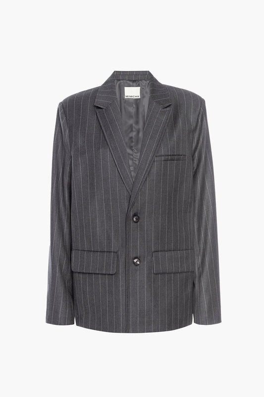 Gray pinstripe blazer on a white background