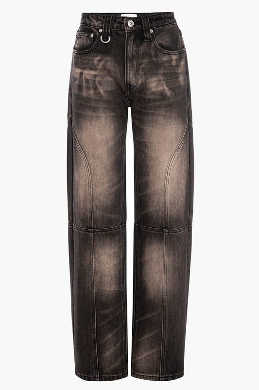 Distressed black wash jeans on a white background
