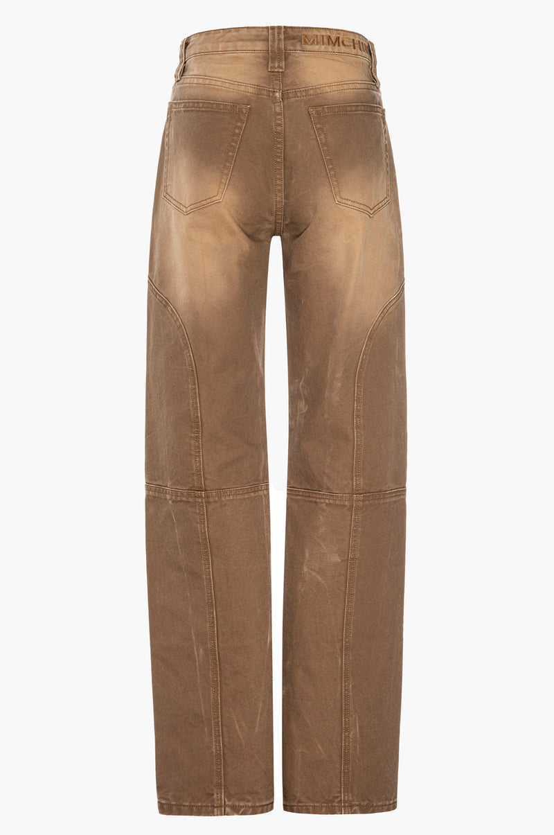 Brown canvas workwear-inspired pants on a white background