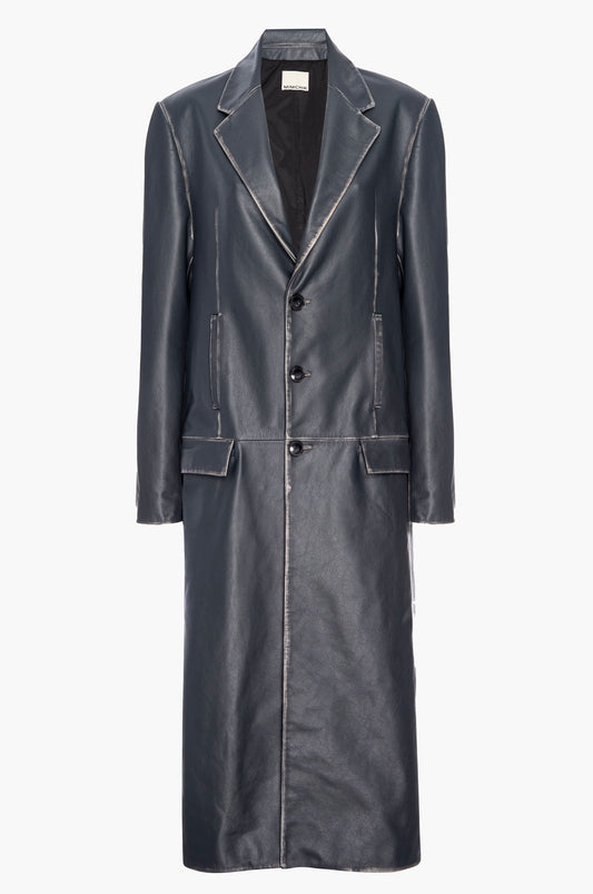 Dark blue leather coat on a white background