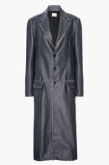 Dark blue leather coat on a white background