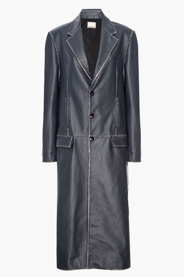 Dark blue leather coat on a white background