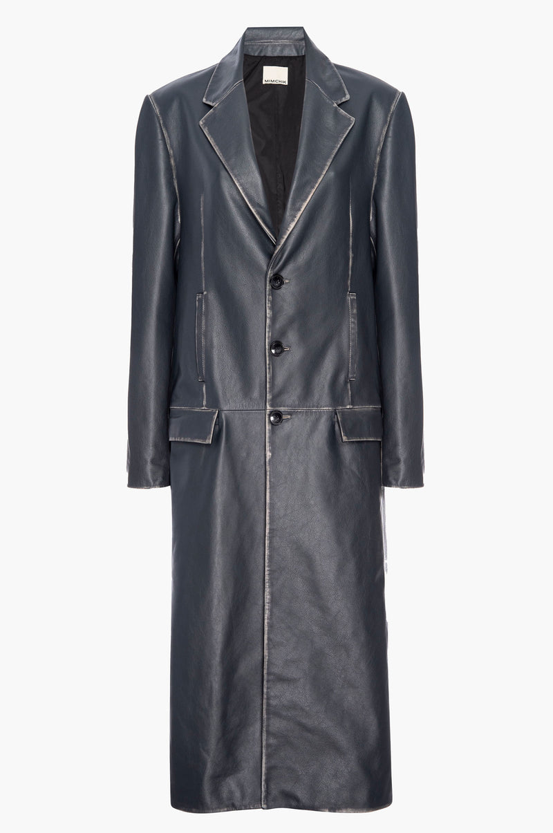 Dark blue leather coat on a white background