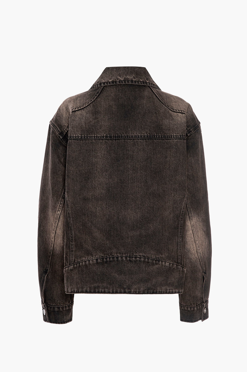 Back view of a black distressed denim jacket on a white background
